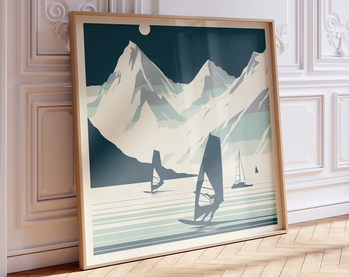 Windsurfing Mountain Lake Retro Travel Sunset Sports Art Poster - Image 2