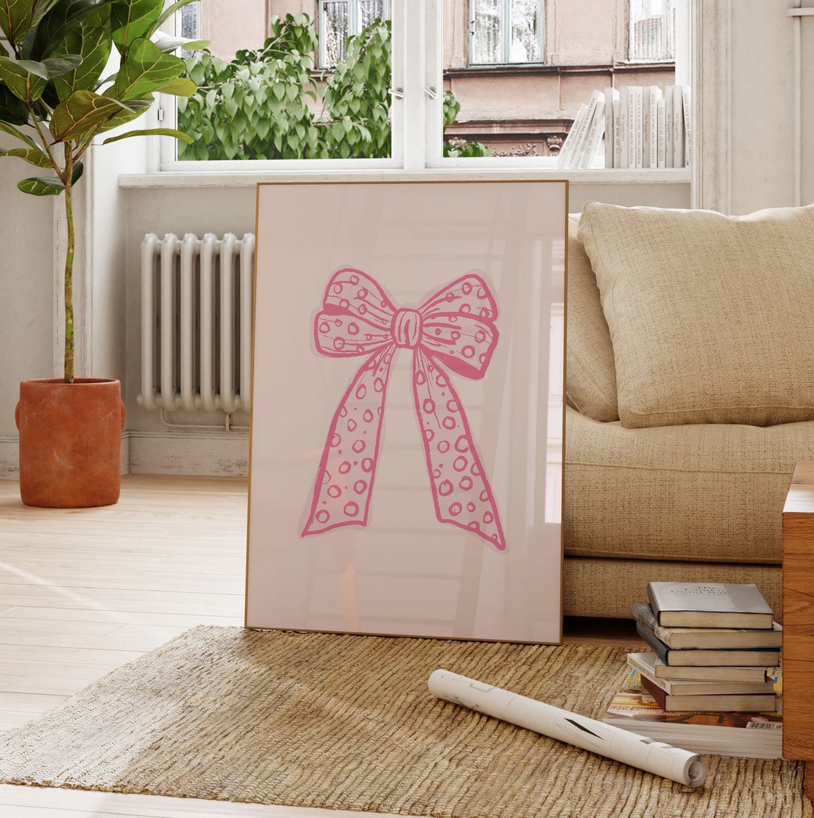 Pink Polka Dot Ribbon Bow Aesthetic Coquette Girly Wall Decor Poster