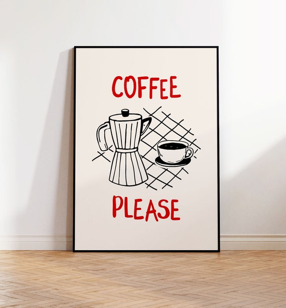 Moka Pot With Coffee Cup Poster Print Retro Preppy Cafe Quotes Art Decor For Coffee Lovers Trendy Hand Drawn Red Black Kitchen Poster
