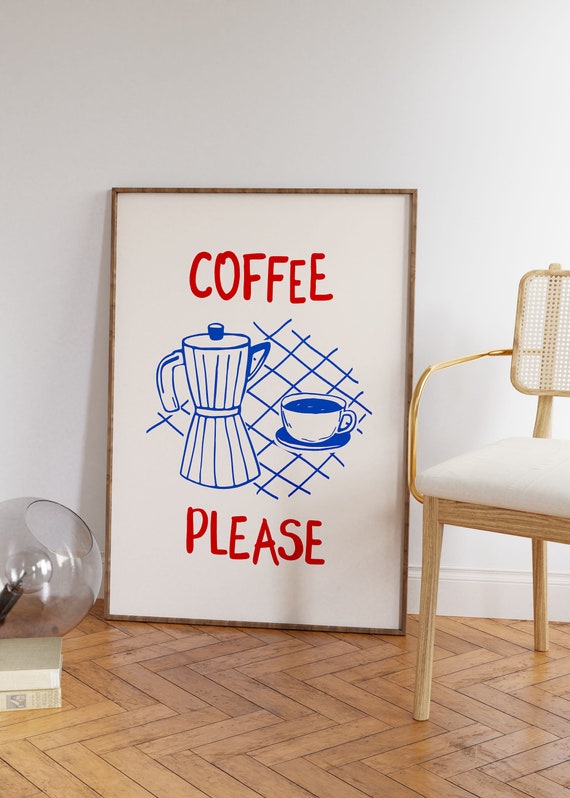 Trendy Coffee Poster Print Hand Drawn Retro Coffee Lover Gift Vintage Espresso Poster Red Blue Coffee Decor Funky Preppy Kitchen Quotes