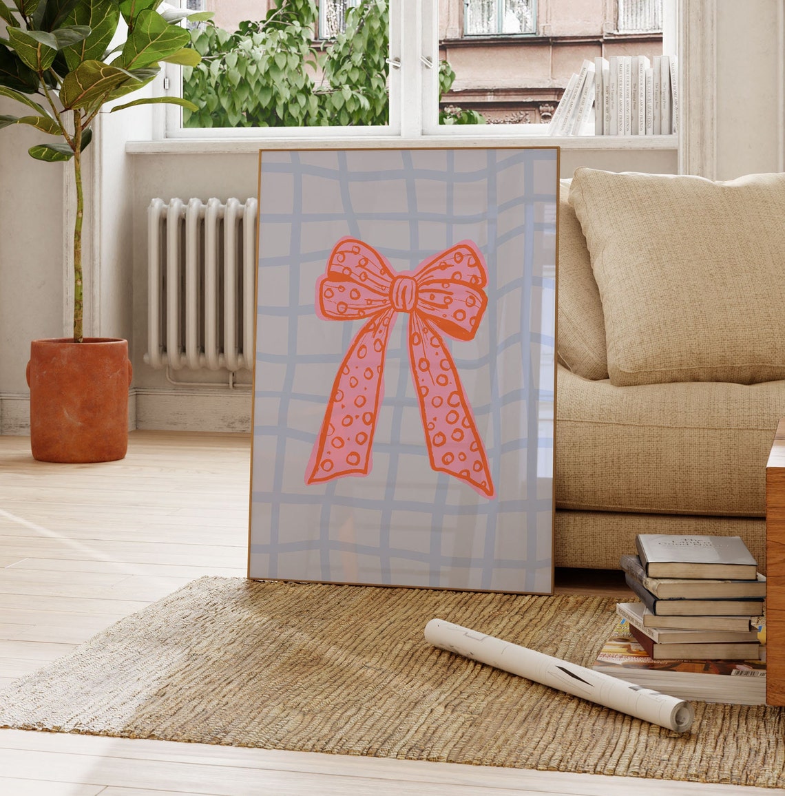 Orange Polka Dot Bow On Blue Checkered Background Funky Ribbon Poster - Image 2