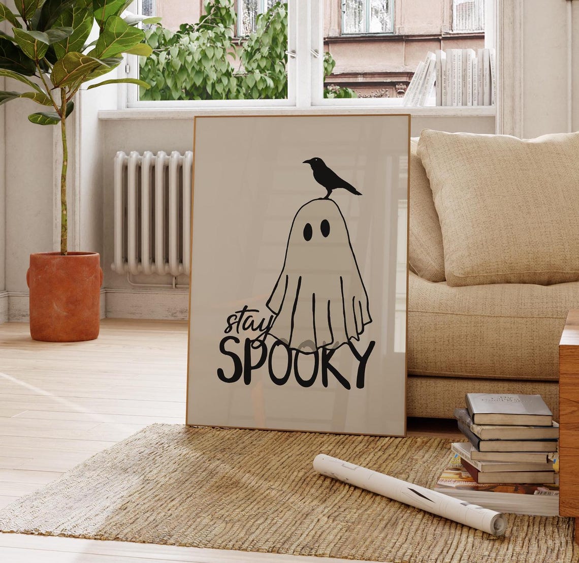 Stay Spooky Ghost with Black Crow Minimalist Cream Halloween Poster - Image 2