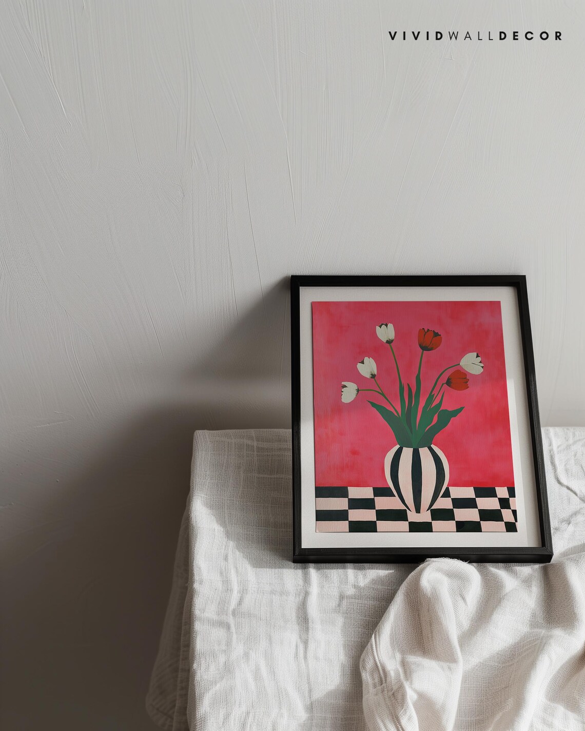 Red White Tulips In Striped Vase Hot Pink Floral Still Life Poster - Image 2