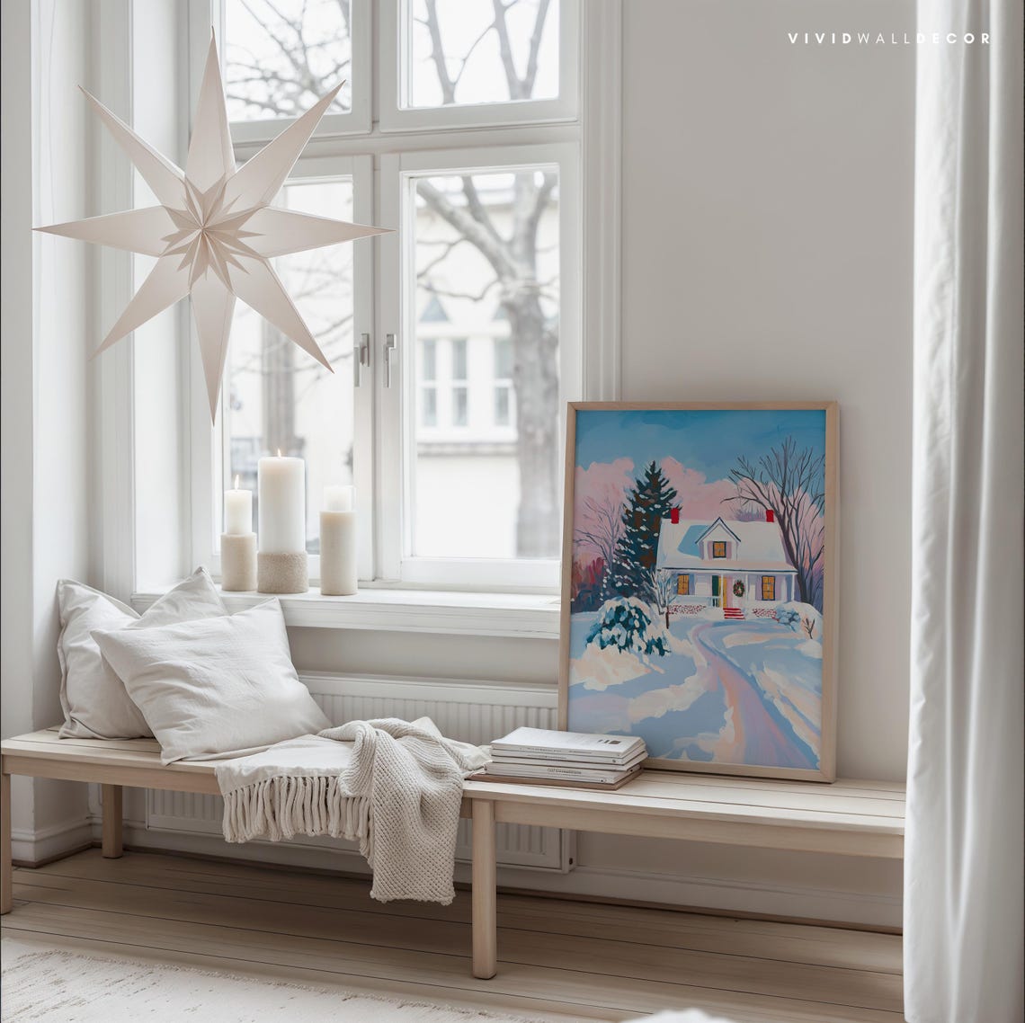 Snowy White Cottage With Wreath And Windows Under Pink Clouds Poster - Image 3