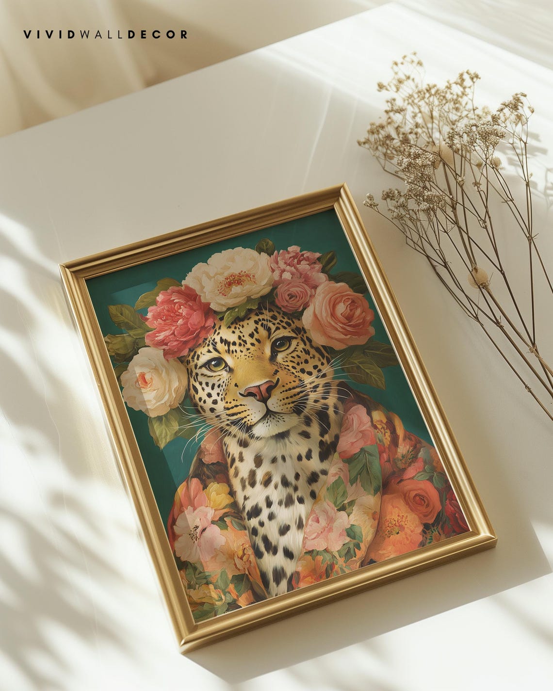 Regal Leopard Wearing a Crown of Pink Roses Whimsical Art Poster - Image 2