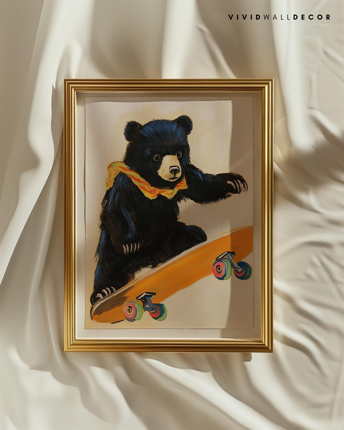 Black Bear Cub on Orange Skateboard Playful Kids Room Art Poster - Image 2