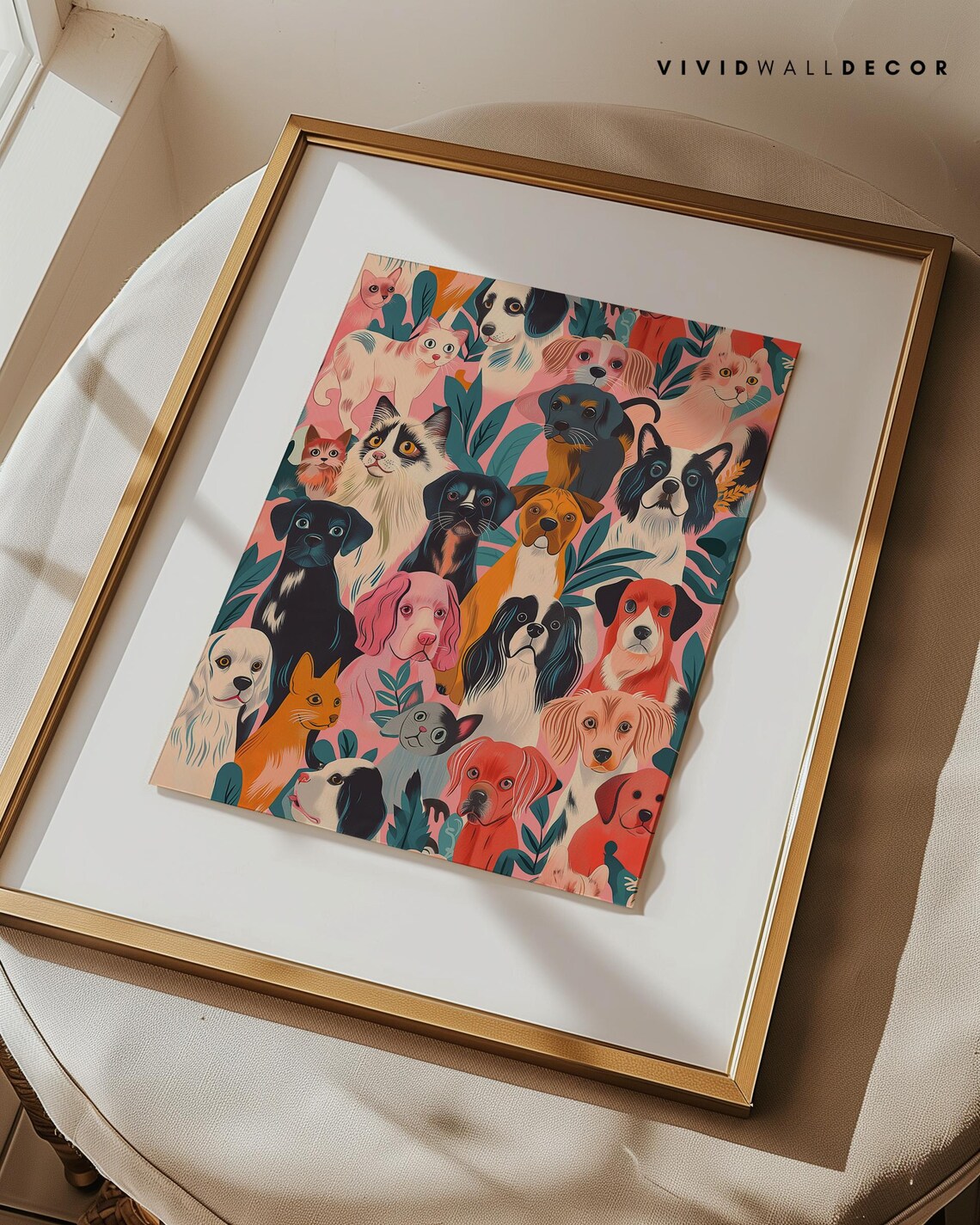Whimsical Cats and Dogs Friends Collage Art Illustration Poster - Image 3