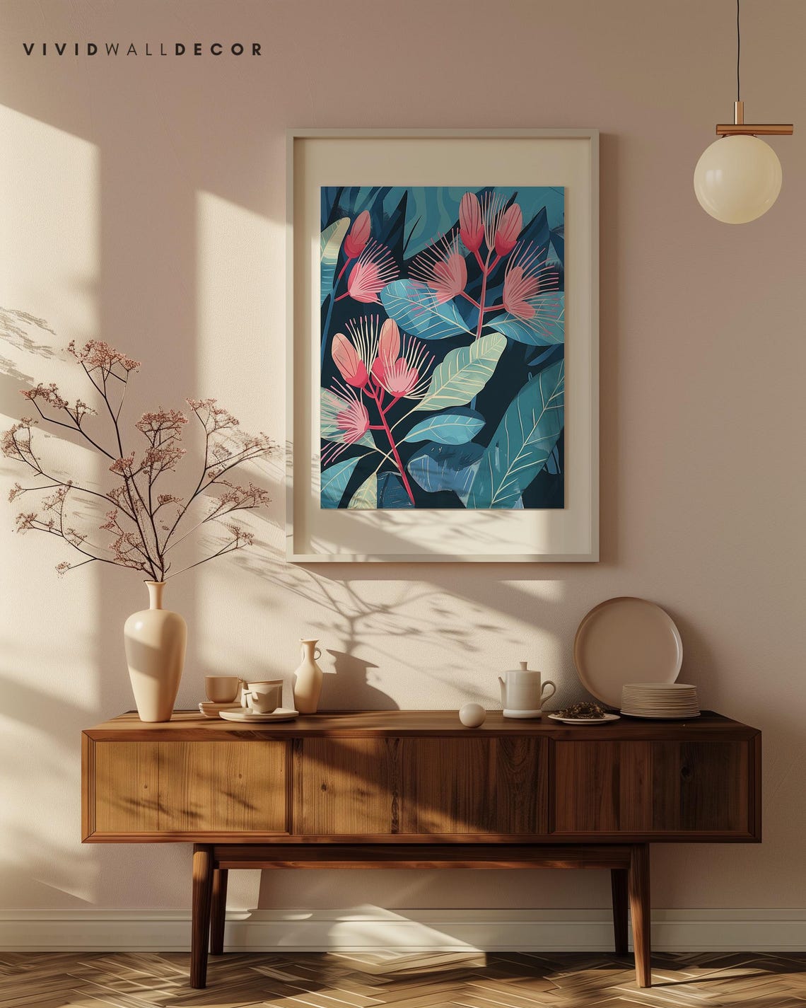 Pink Blossoms Navy Teal Modern Botanical Illustration Poster - Image 4
