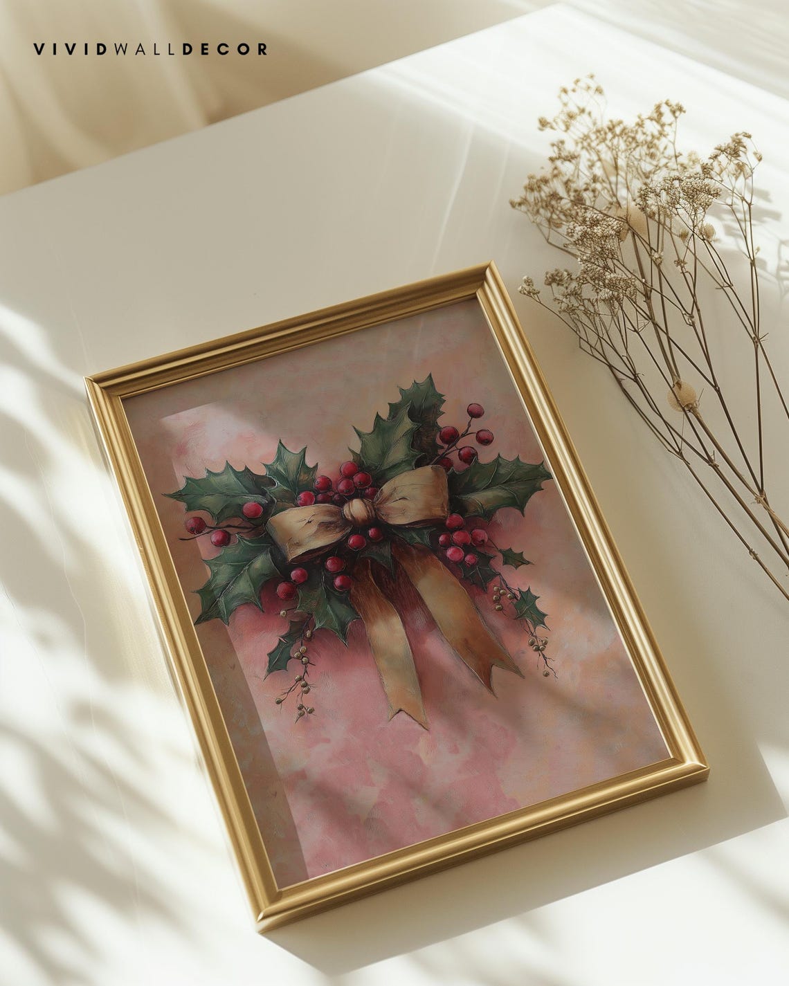 Holly Berries With Gold Ribbon Bow Blush Christmas Art Poster - Image 3