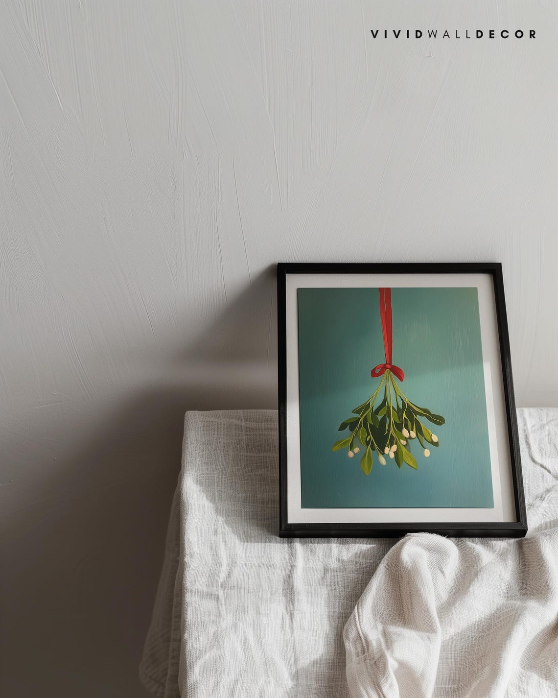 Fresh Mistletoe With Red Ribbon On Deep Green Minimalist Poster - Image 3