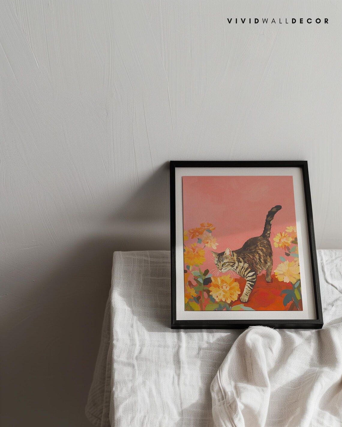 Tabby Cat Floral Art Print, Pink and Orange Poster - Image 3