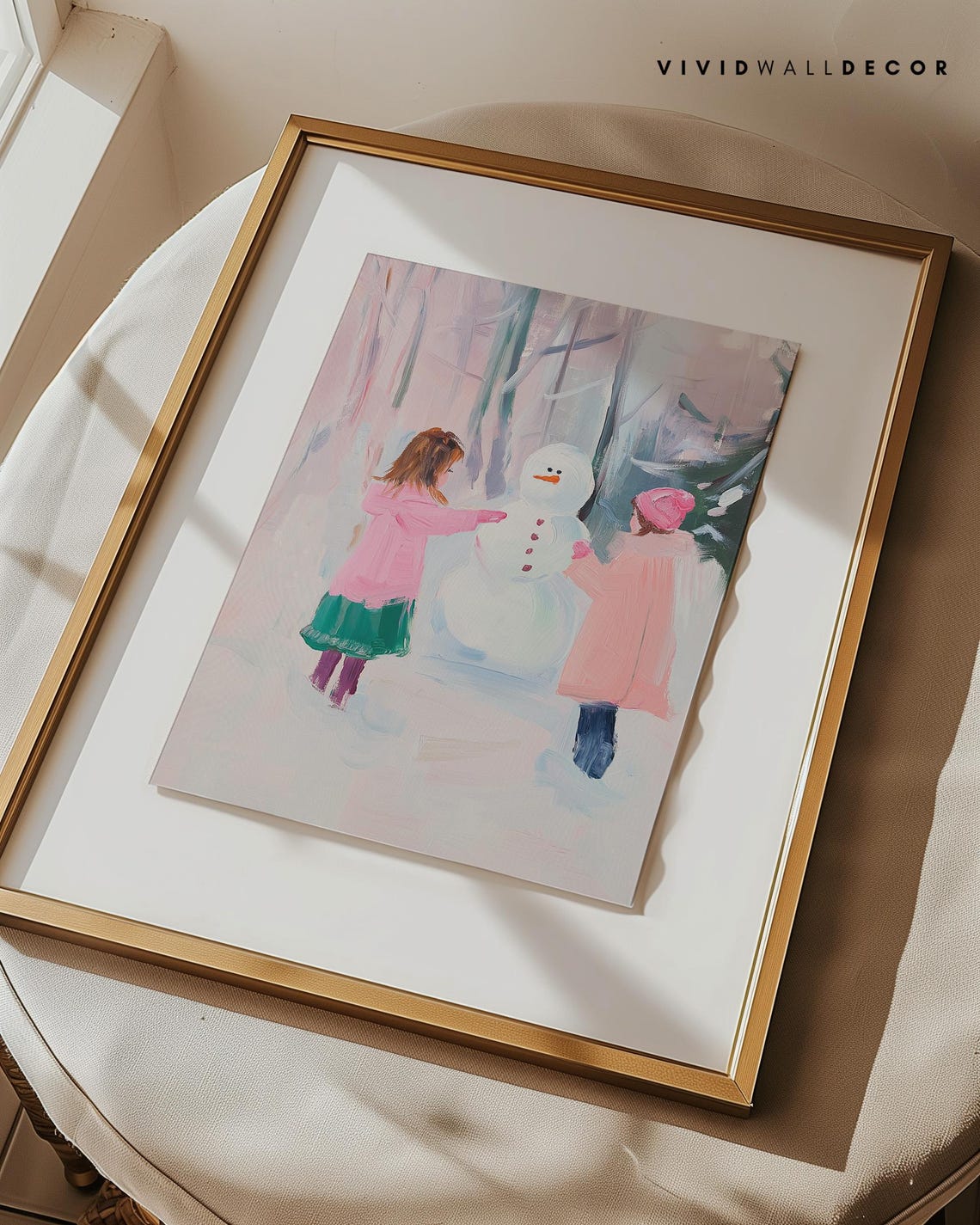 Two Kids Building A Snowman In A Pretty Snowy Forest Art Poster - Image 3