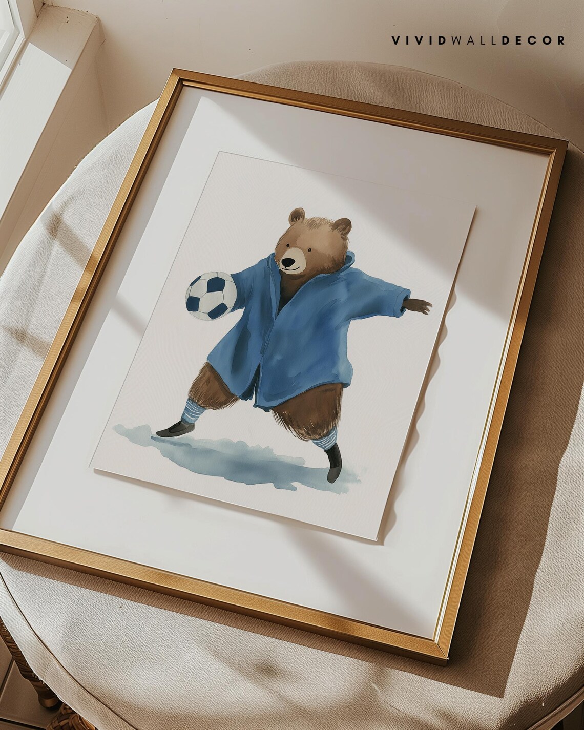 Soccer Bear in Blue Watercolor Art Poster Kids Room Sports Wall Decor - Image 3