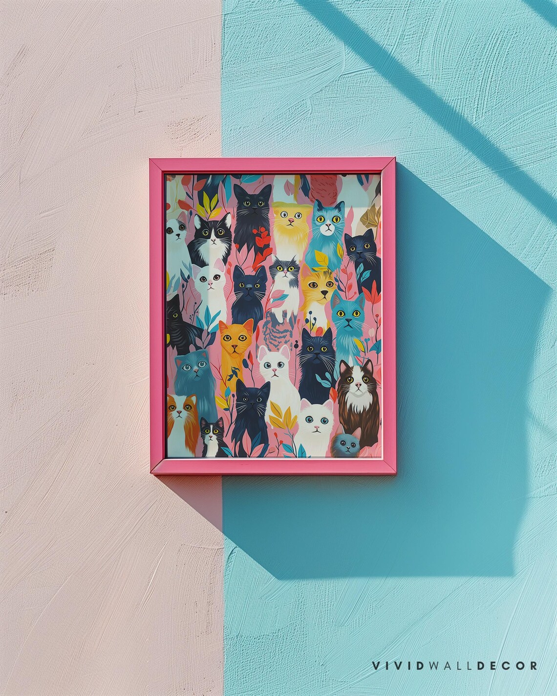 Colorful Cats Collage With Foliage Pink Cat Lovers Art Poster - Image 2