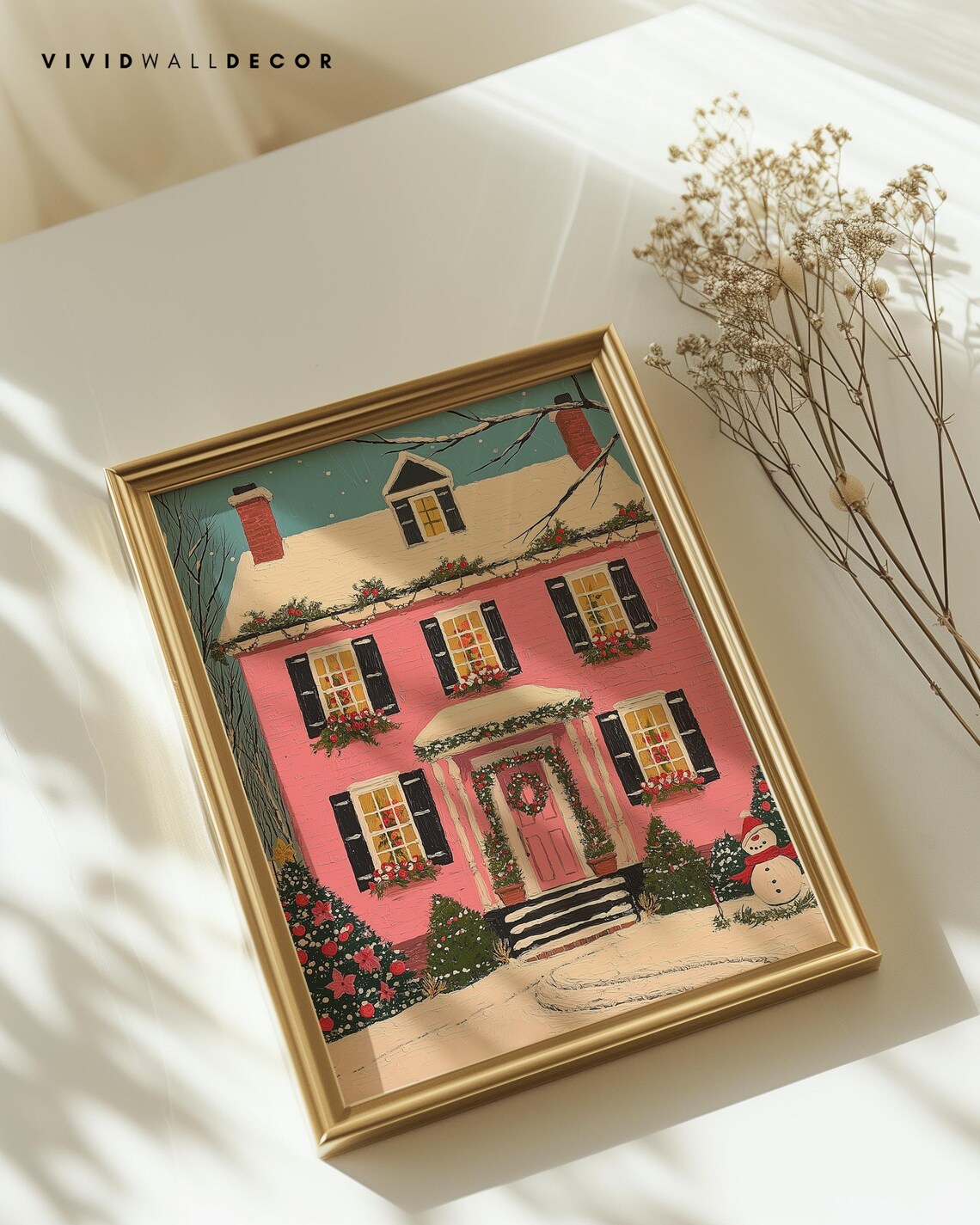 Pink Christmas House With Wreath Snowman And Garland Decor Poster - Image 2