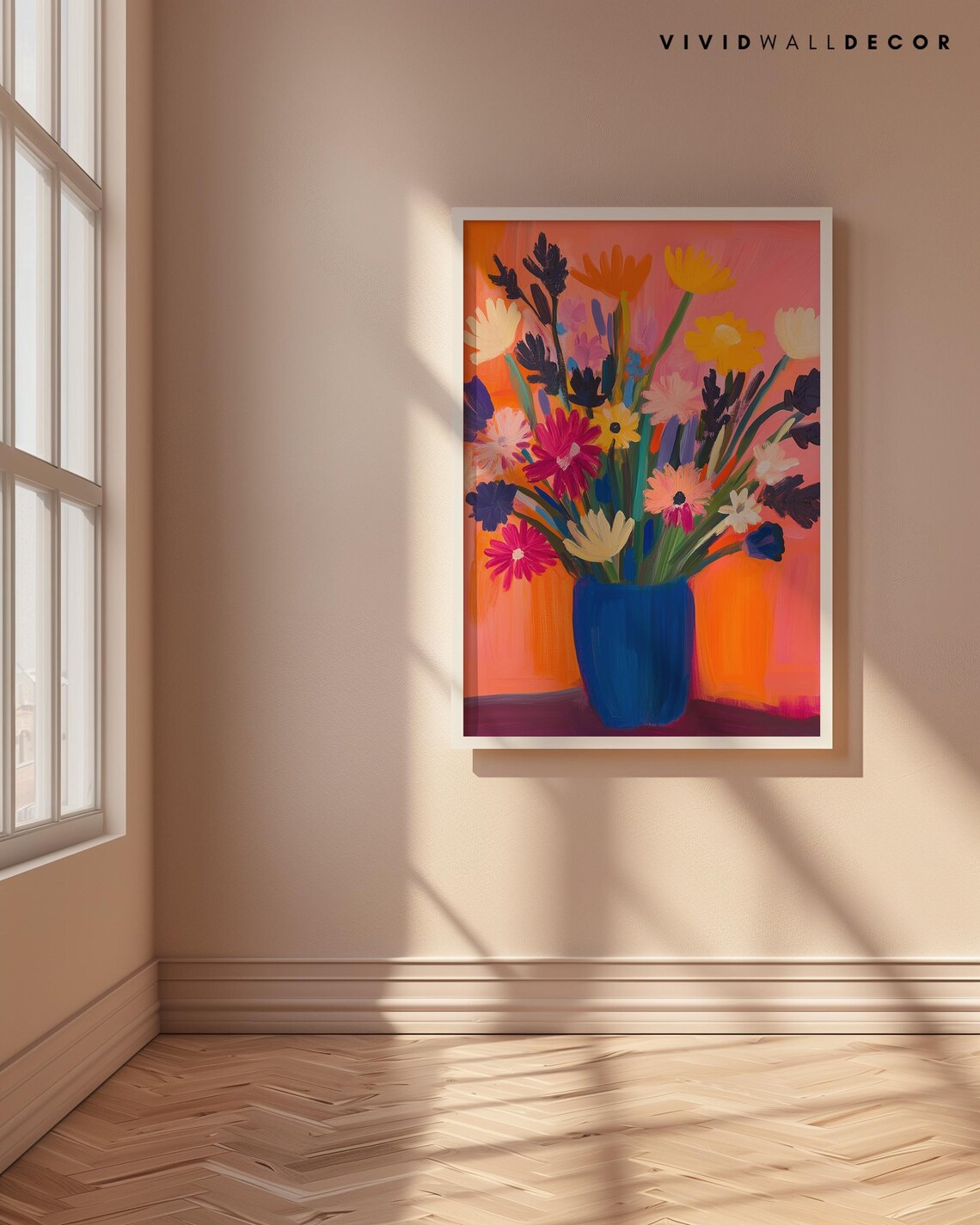 Vibrant Wildflowers in Blue Vase Sunset Floral Painting Poster - Image 4