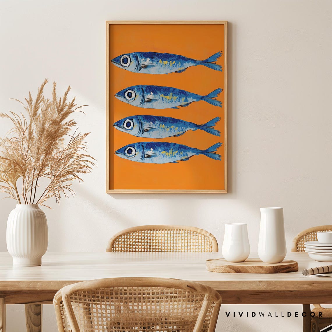 Blue Sardine School Four Fish Bold Orange Retro Kitchen Poster - Image 4
