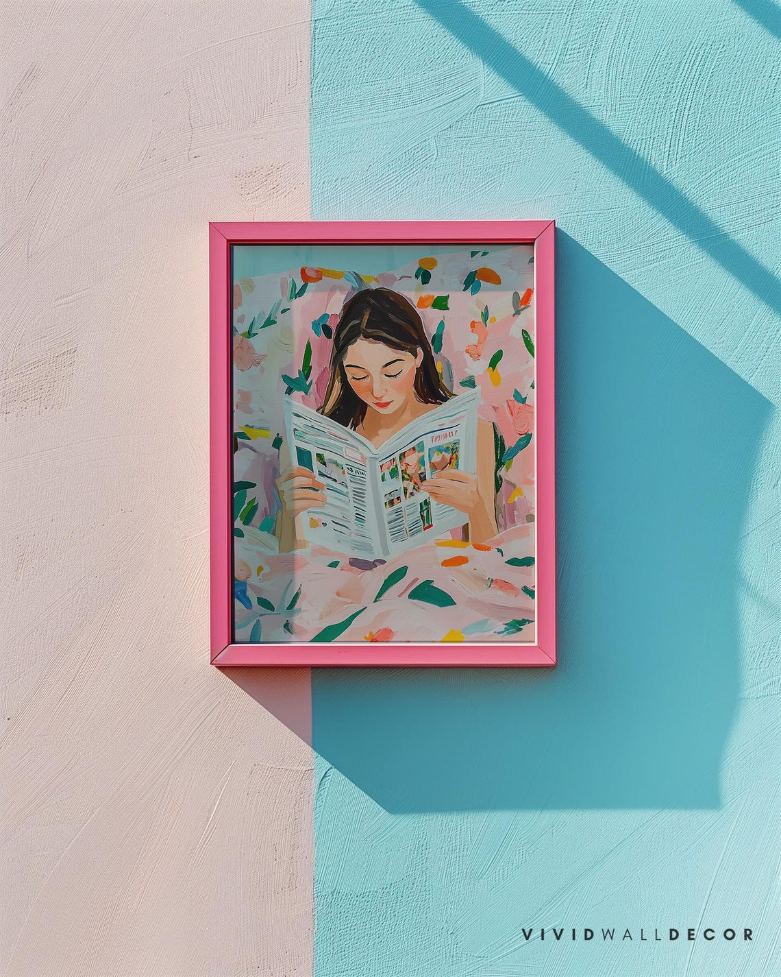 Woman Reading Newspaper in Pink Floral Bed Modern Art Poster - Image 3