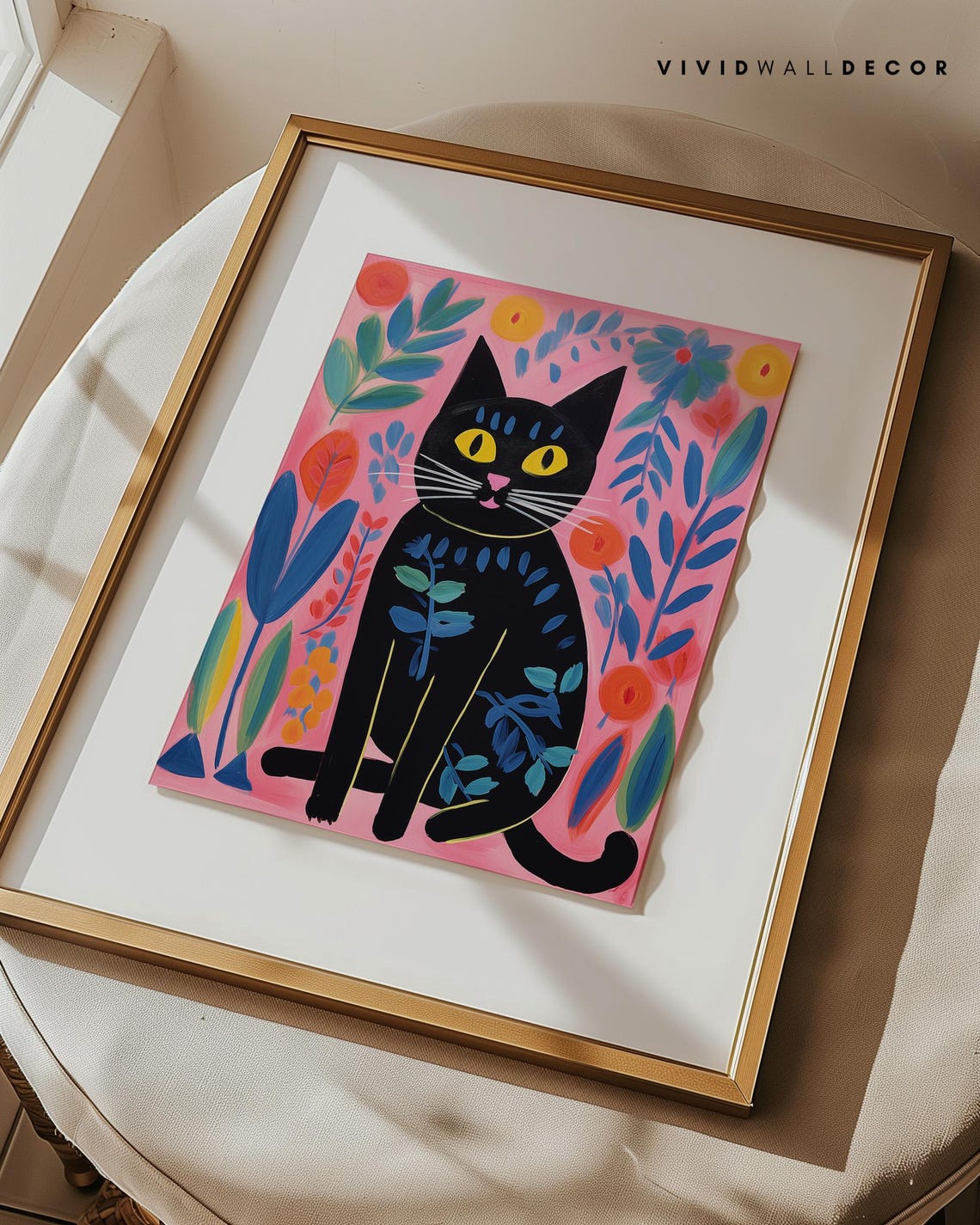Playful Black Cat with Yellow Eyes Pink Floral Folk Art Poster - Image 3