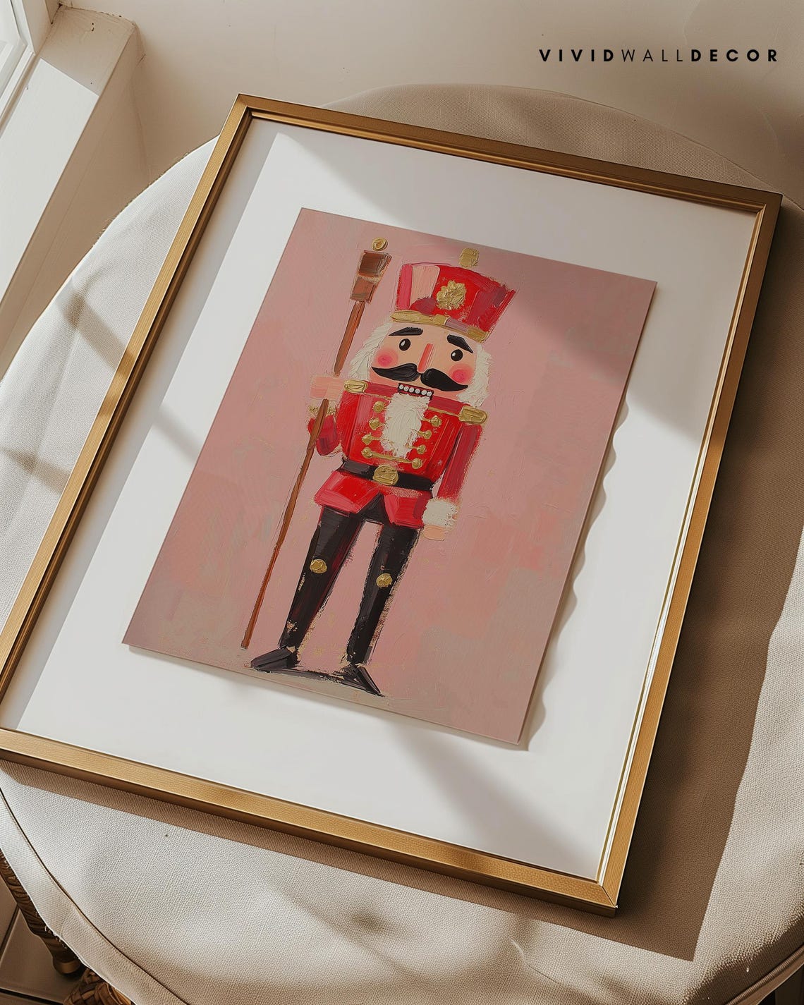 Red Nutcracker Soldier With Wooden Staff On Pink Folk Art Poster - Image 2