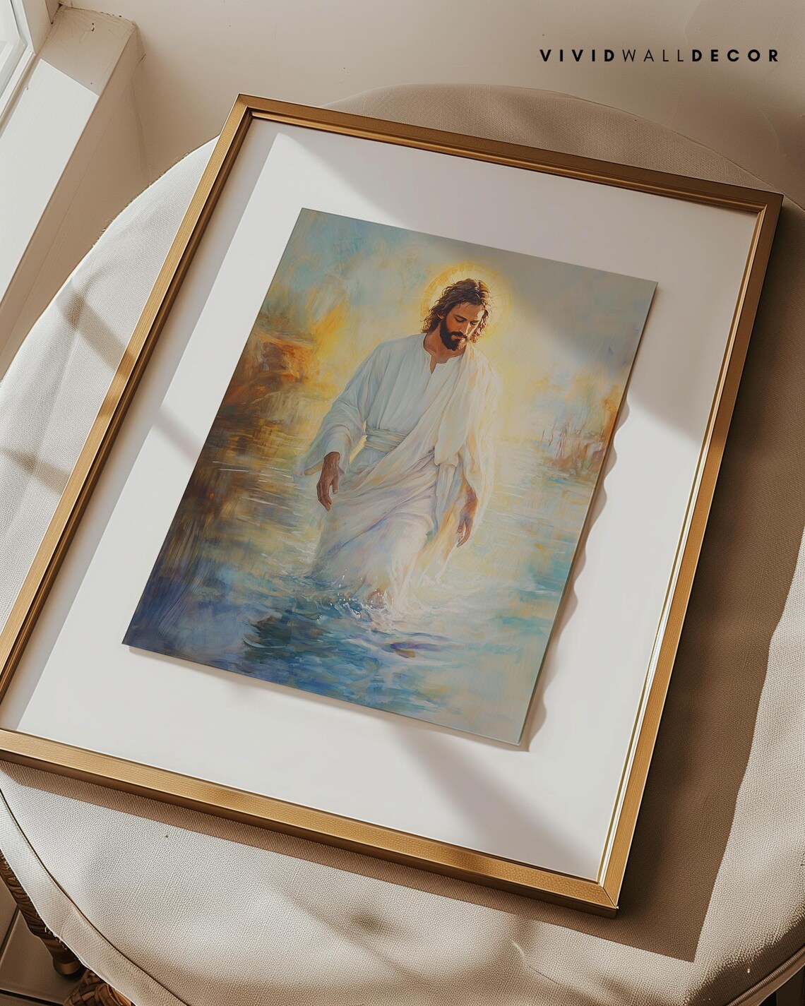 Jesus Walking on Water in Flowing White Robes Christian Art Poster - Image 3