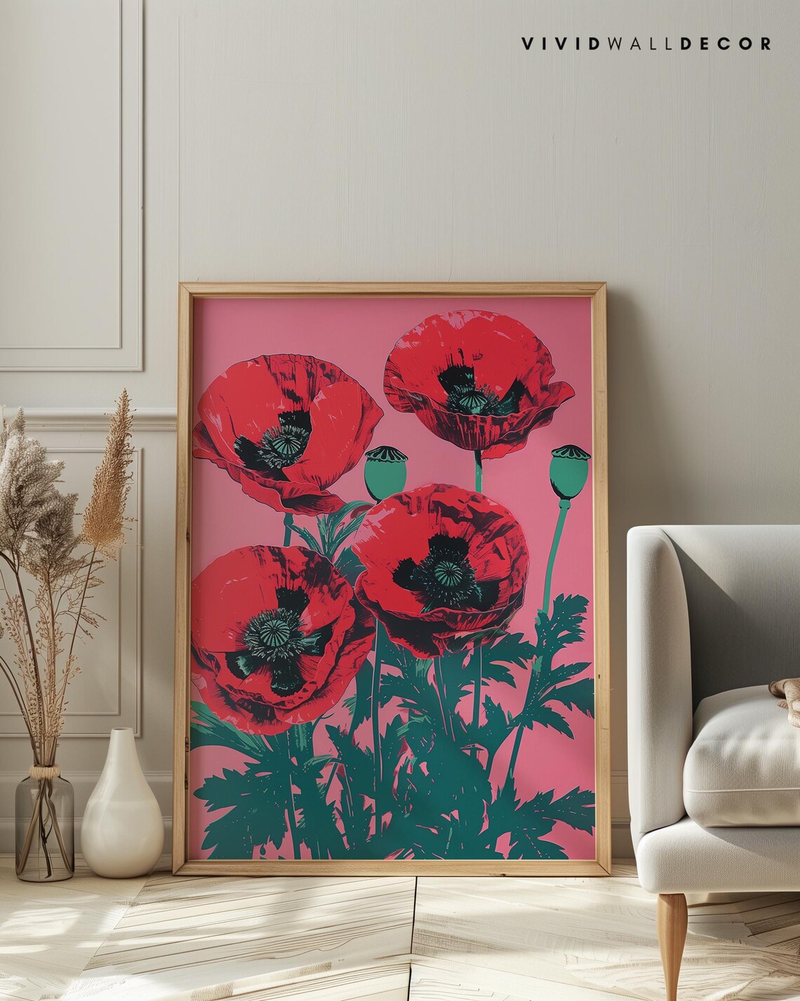 Giant Red Poppies On Pink Retro Botanical Flower Decor Poster - Image 2