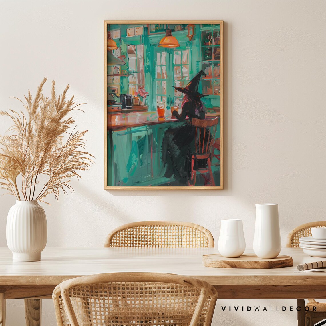 Witch Sipping Coffee At A Teal Cafe Counter Cozy Halloween Kitchen Art Poster - Image 4
