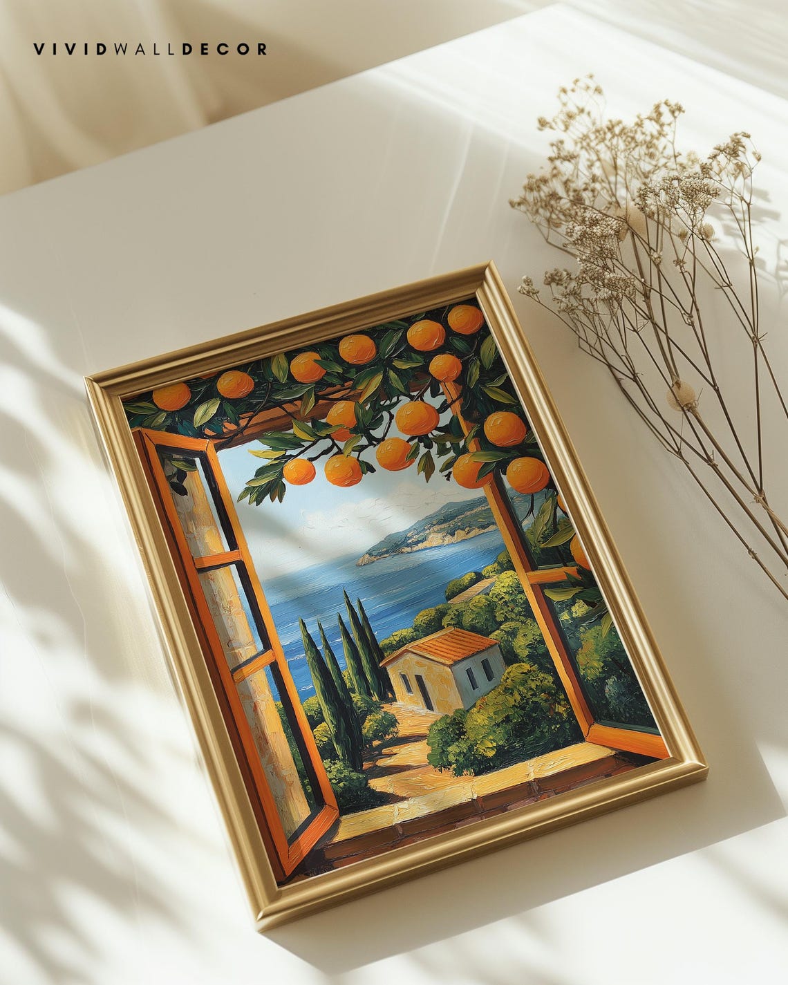 Mediterranean Window Orange Grove Coastal Villa View Wall Poster - Image 2