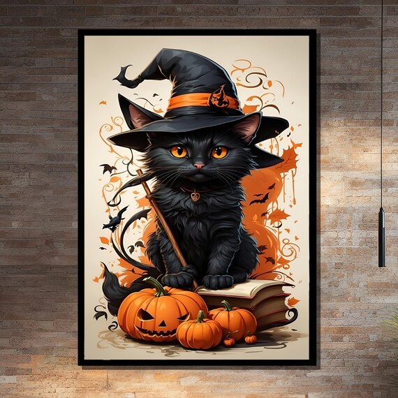 Black Witch Cat With Pumpkins Cute Halloween Spooky Animal Poster