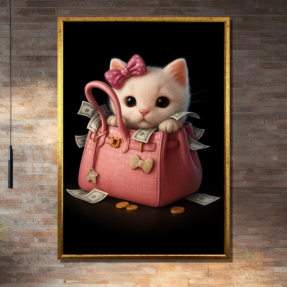 Luxury Cat In Pink Bag, Money Art Print