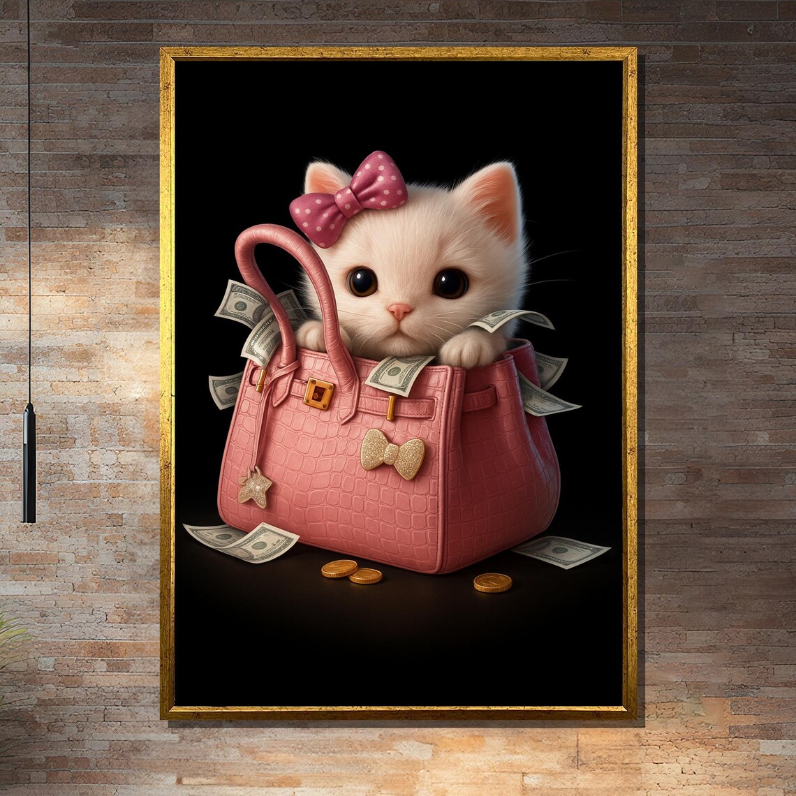 Luxury Cat In Pink Bag, Money Art Print