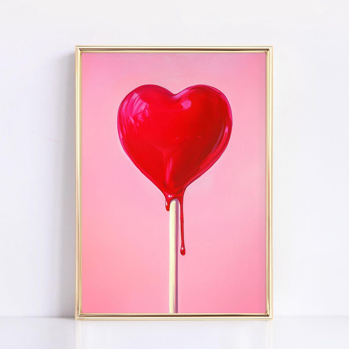 Glossy Red Heart Candy Lollipop Dripping on Soft Pink Art Poster