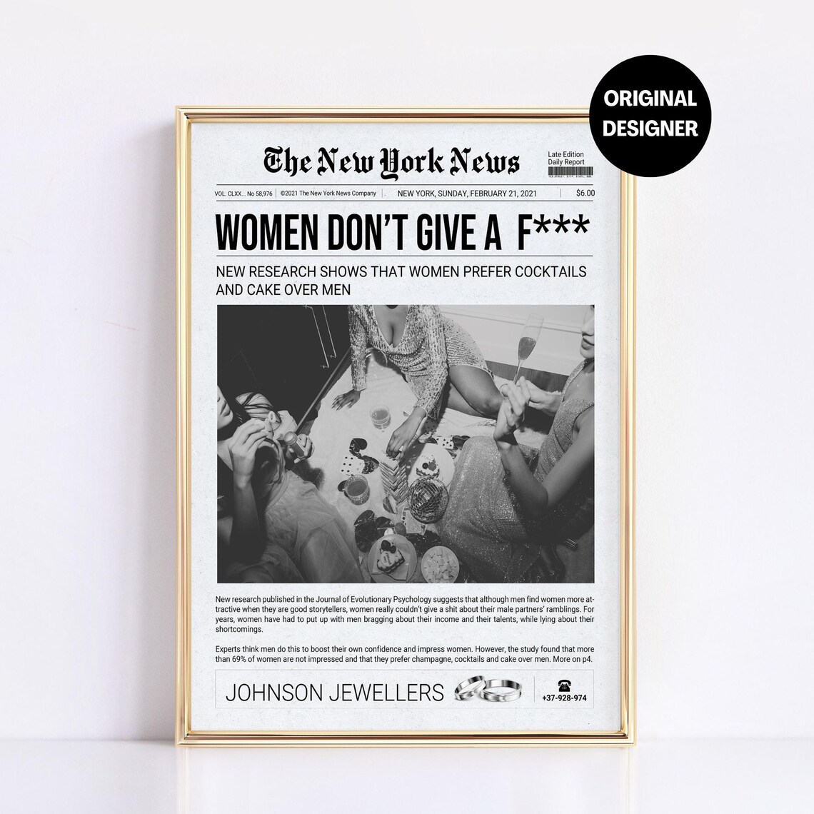 Women Don't Give A F**k Funny Newspaper Headline Bar Cart Poster