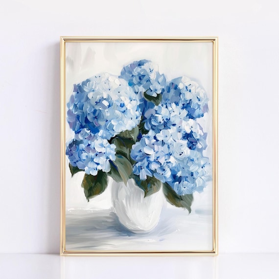 Blue Hydrangea Oil Painting White Vase Floral Still Life Poster