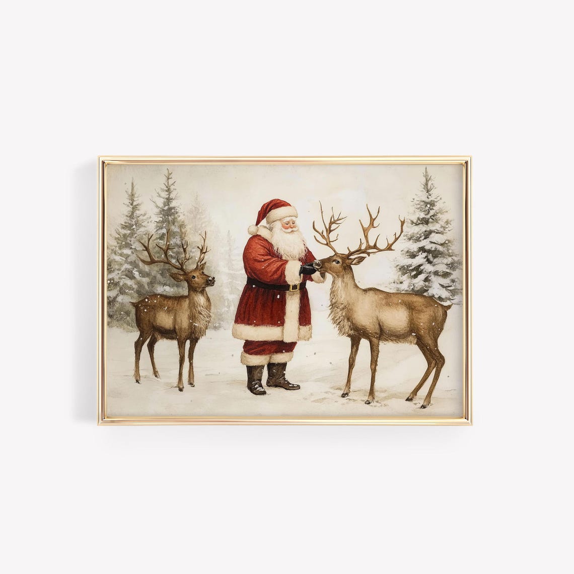 Vintage Santa Claus Feeding Reindeer Snowy Forest Holiday Poster