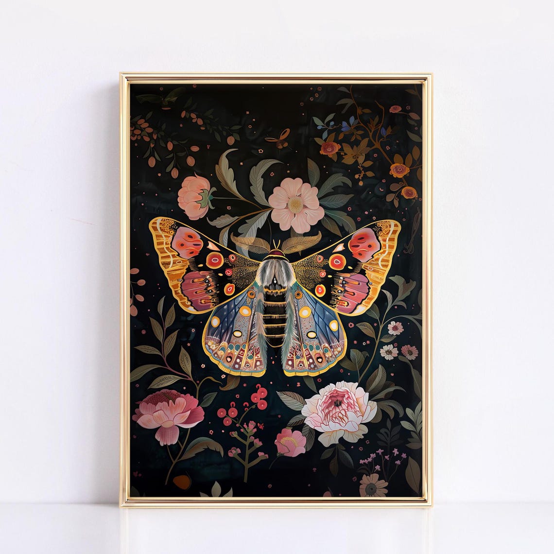 Colorful Moth Black Botanical Floral Dark Academia Wall Poster