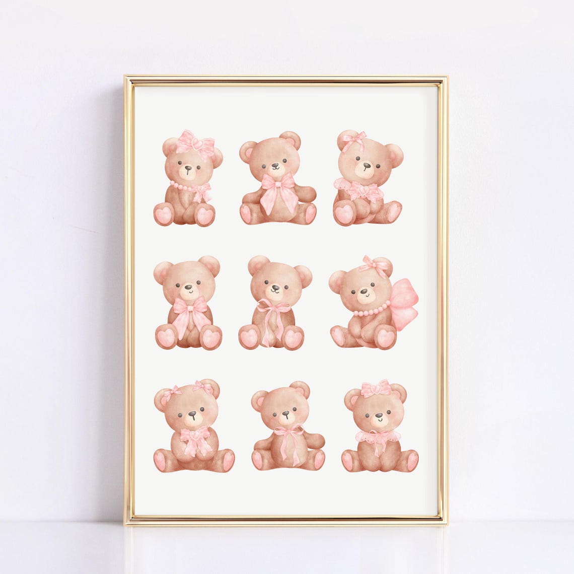 Watercolor Teddy Bears With Pink Bows Coquette Nursery Wall Art