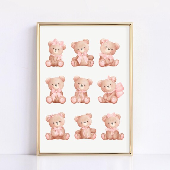 Watercolor Teddy Bears With Pink Bows Coquette Nursery Wall Art