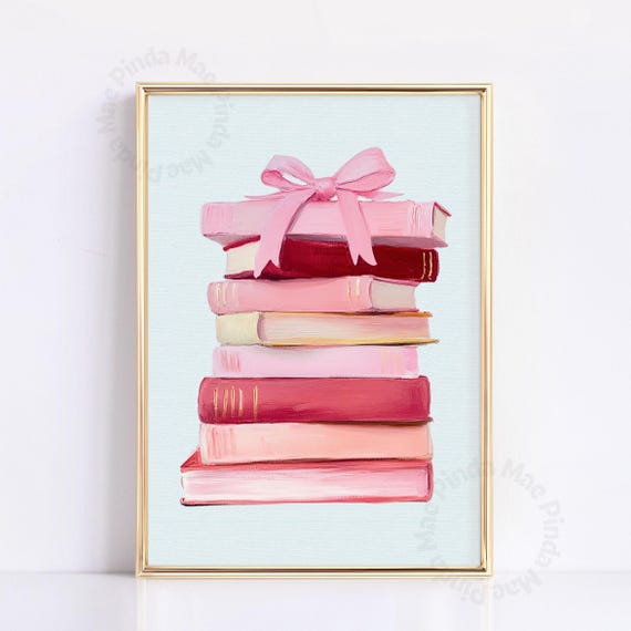 Pink And Blue Stack Of Books Painting Book Lover Print Bookworm Art Soft Blue Trendy Wall Art Cute Pink Bow Print Apartment Aesthetic