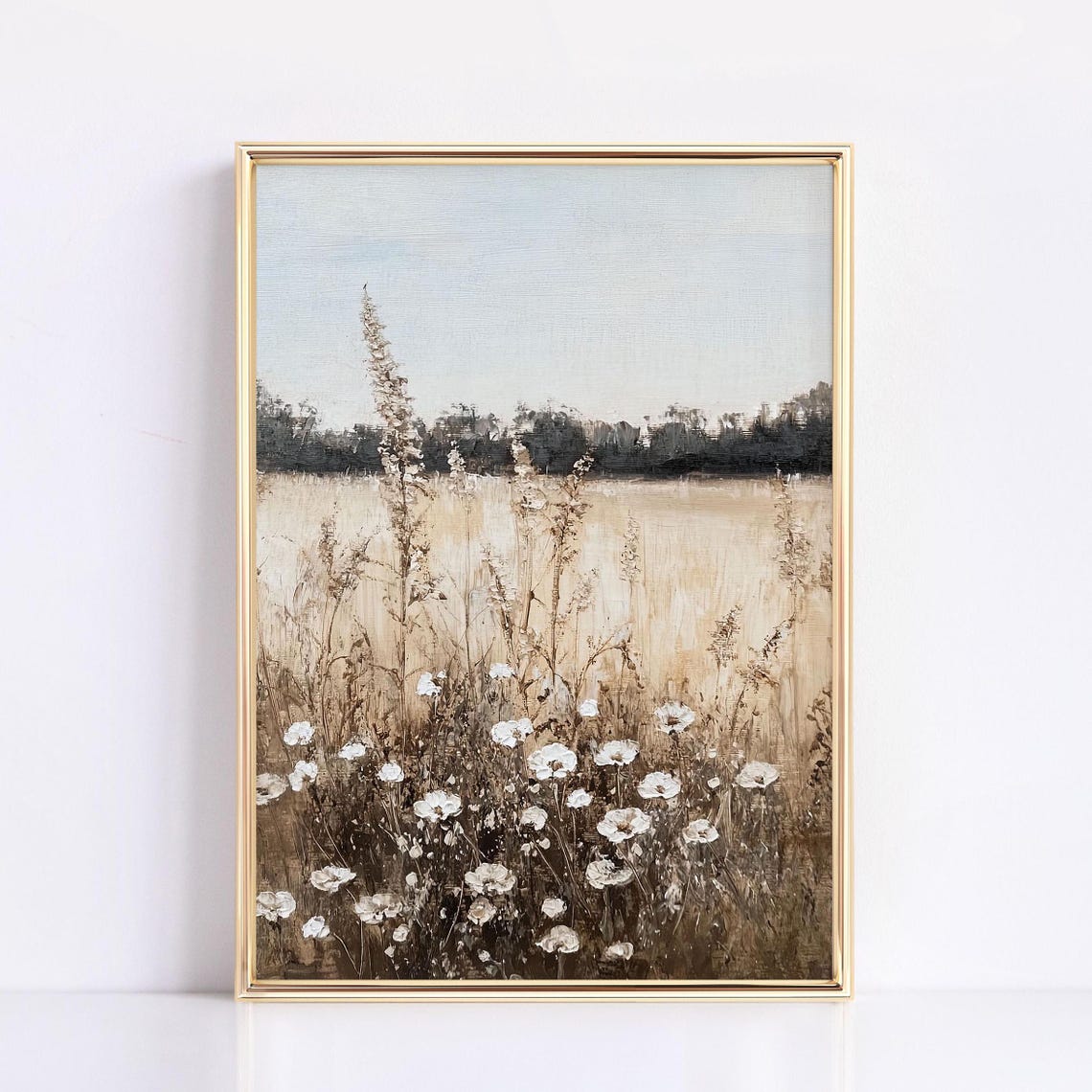 White Wildflowers and Tall Grasses in a Sunlit Golden Meadow Poster