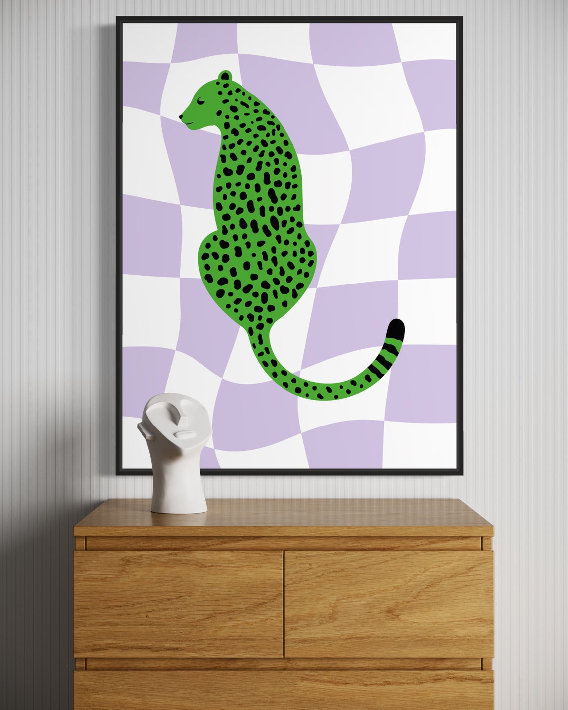 Green Leopard Sitting Lilac Checkered Background Preppy Animal Poster - Image 4