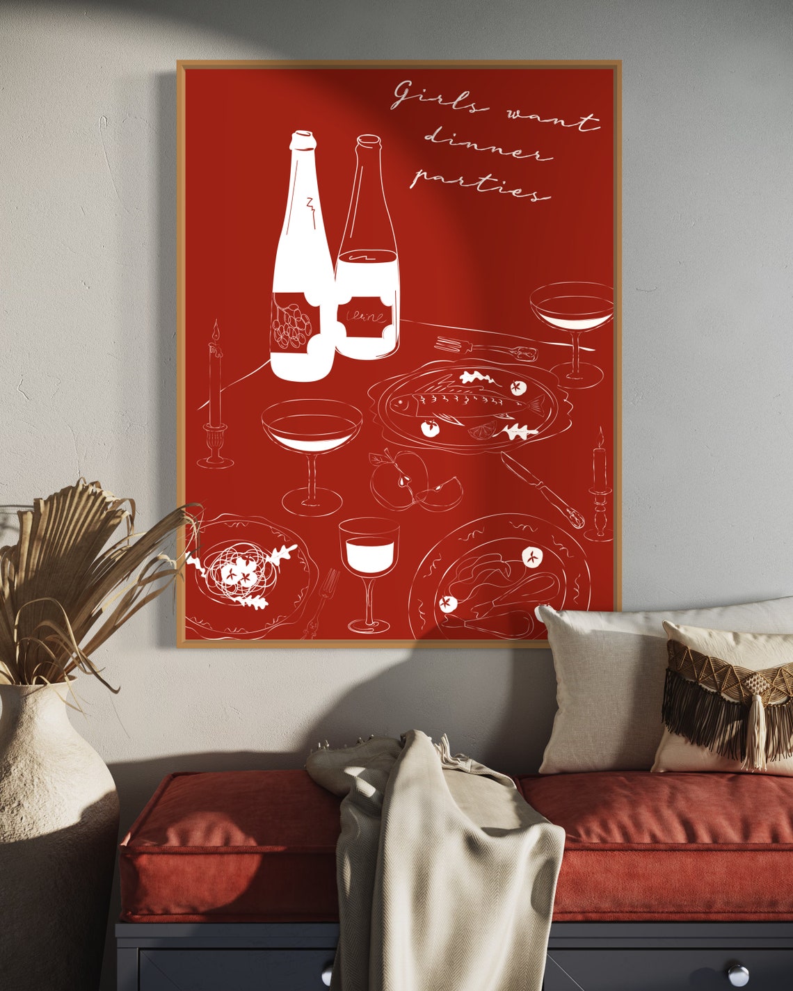 Girls Want Dinner Parties Red Wine Supper Club Line Art Kitchen Poster - Image 3
