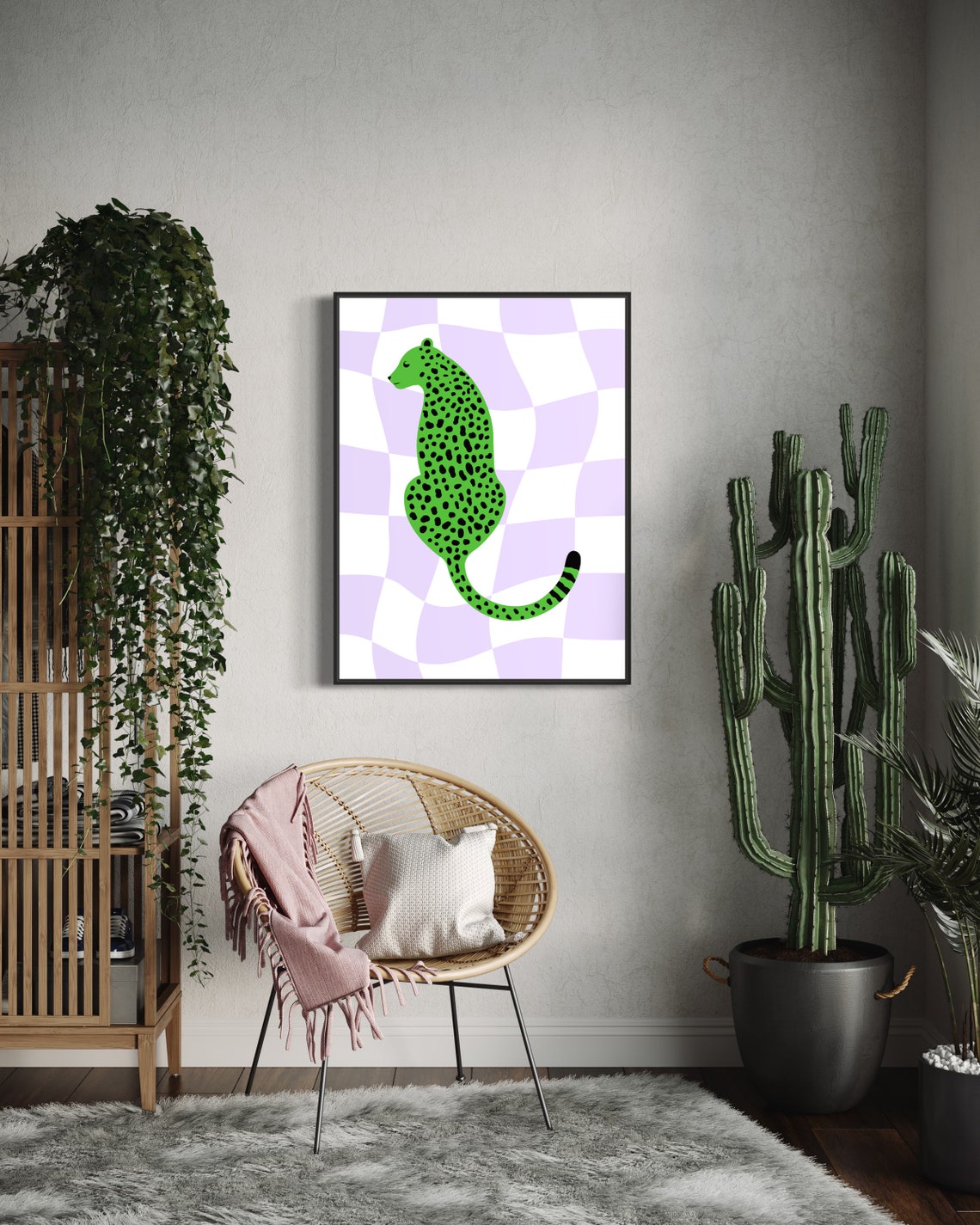 Green Leopard Sitting Lilac Checkered Background Preppy Animal Poster - Image 3