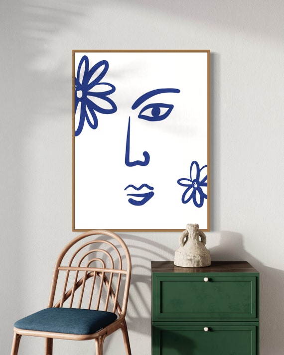 Blue Line Art Abstract Face With Flowers Minimalist Modern Art Poster