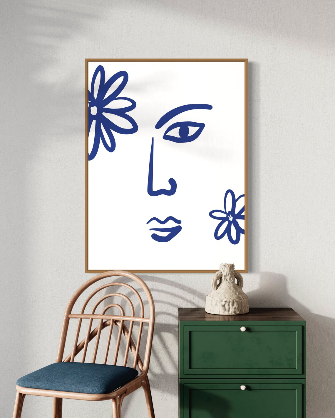 Blue Line Art Abstract Face With Flowers Minimalist Modern Art Poster