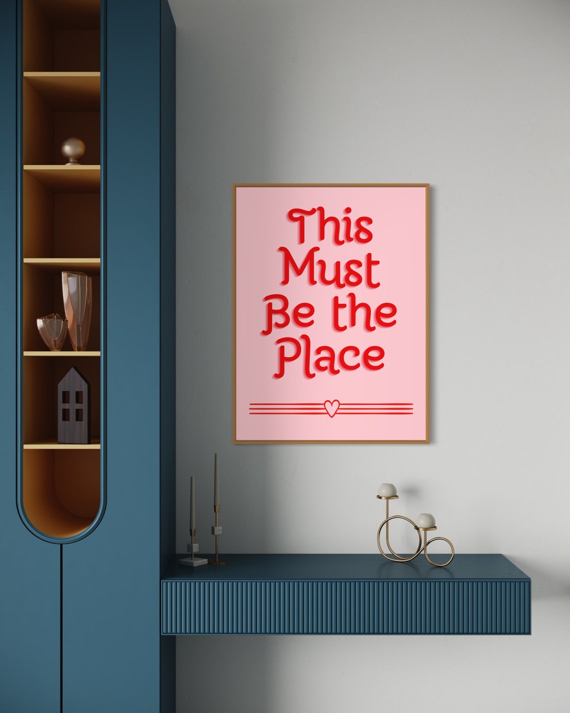 This Must Be The Place Pink Red Retro Quote Poster With Heart Lines - Image 3