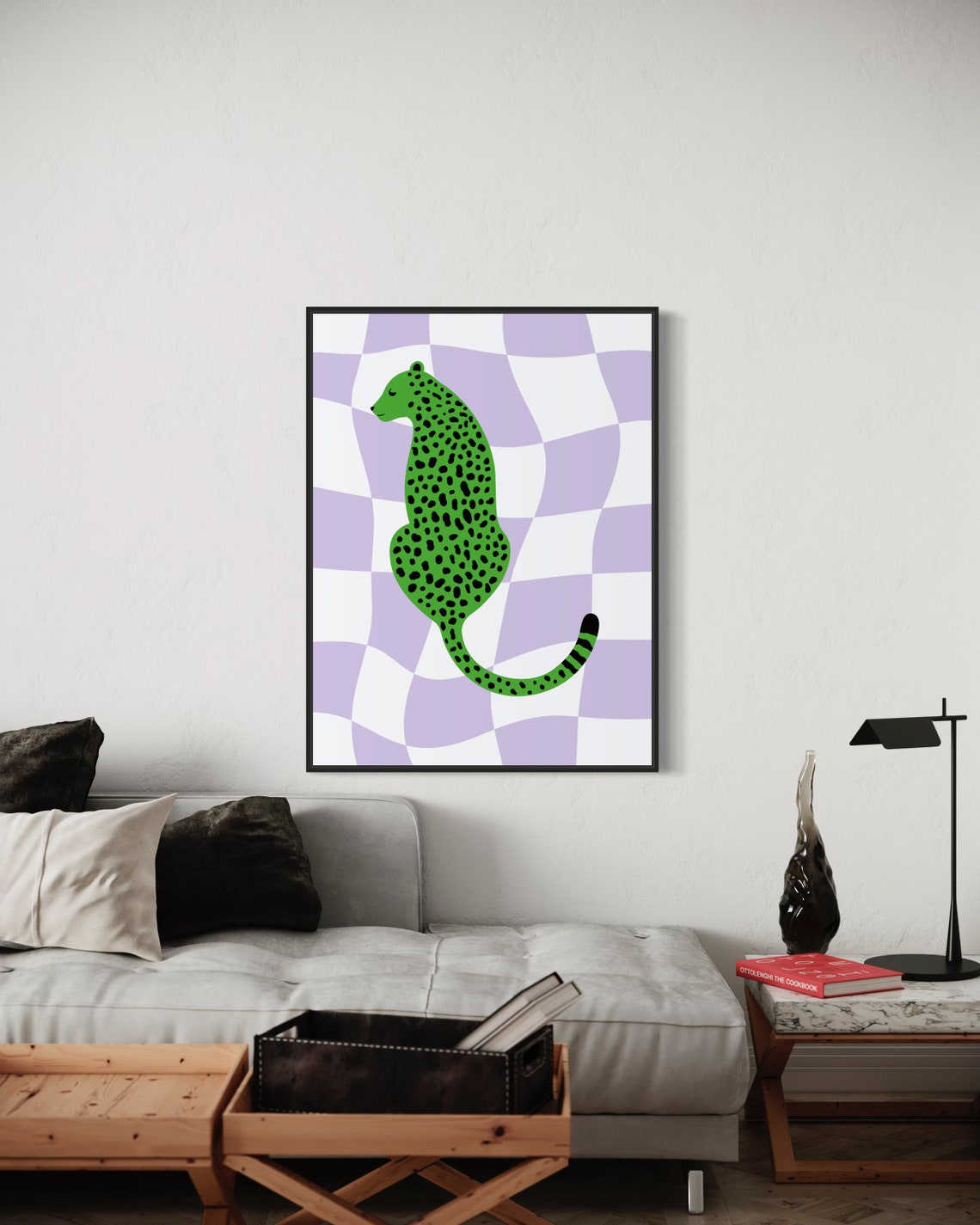 Green Leopard Sitting Lilac Checkered Background Preppy Animal Poster