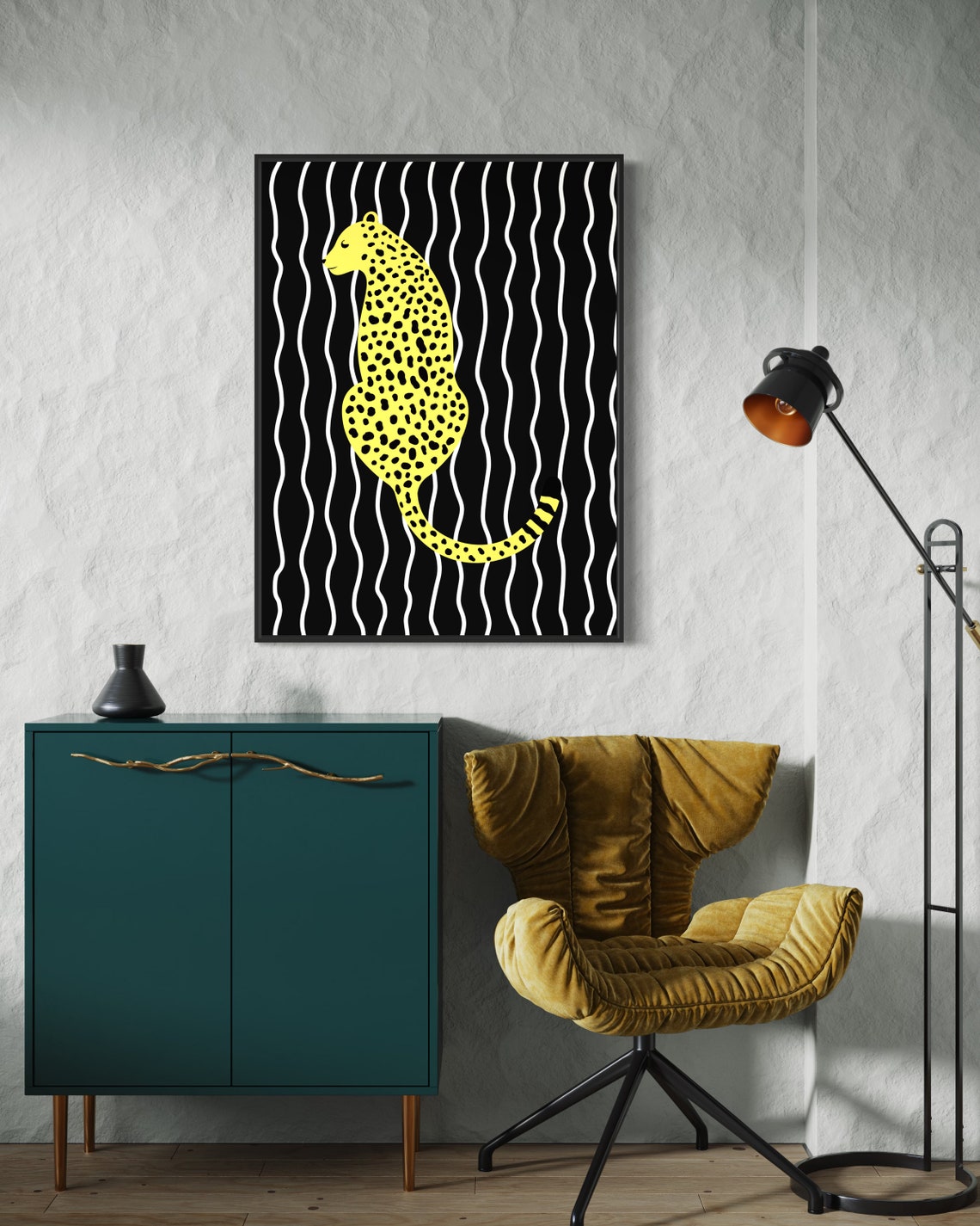 Yellow Leopard Sitting Black Striped Background Preppy Animal Poster - Image 3