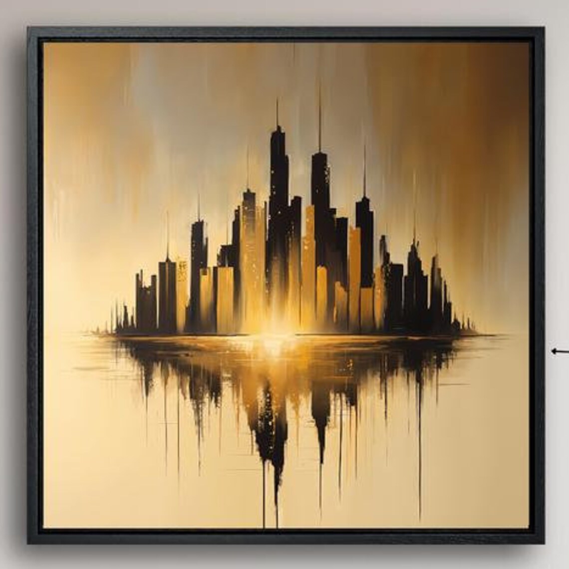 Moody Gold And Black City Skyline With Dripping Reflection Poster