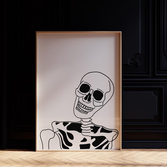 Grinning Skeleton Minimalist Bold Line Art Halloween Wall Poster